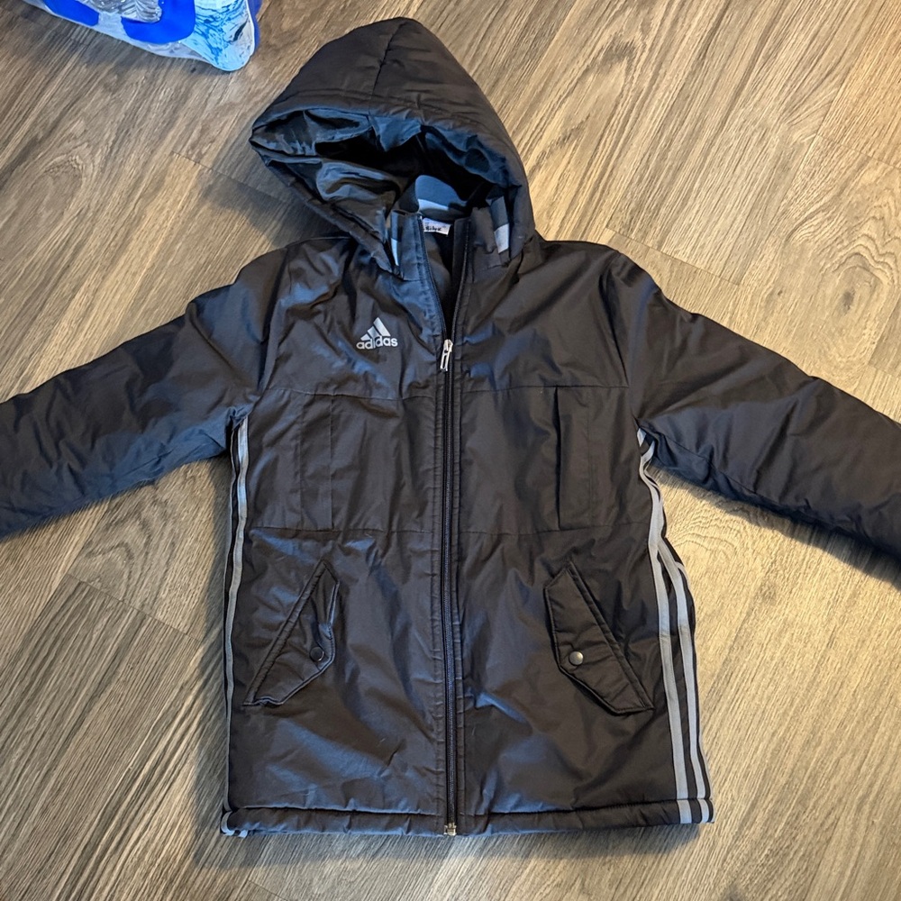 adidas Kids Black Puffer Jacket with Gray Accents